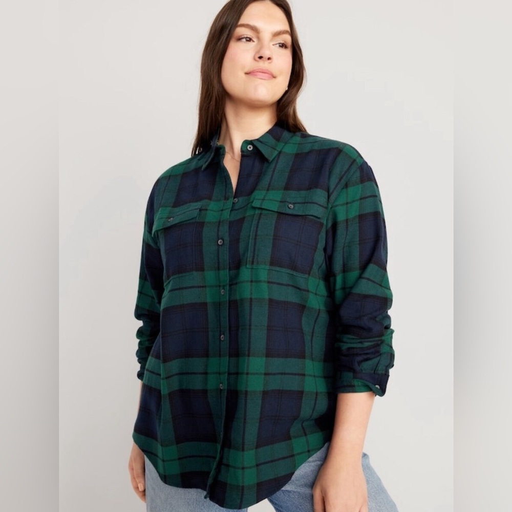 NEW Old Navy Women’s The Boyfriend Shirt Green Navy Plaid XXL